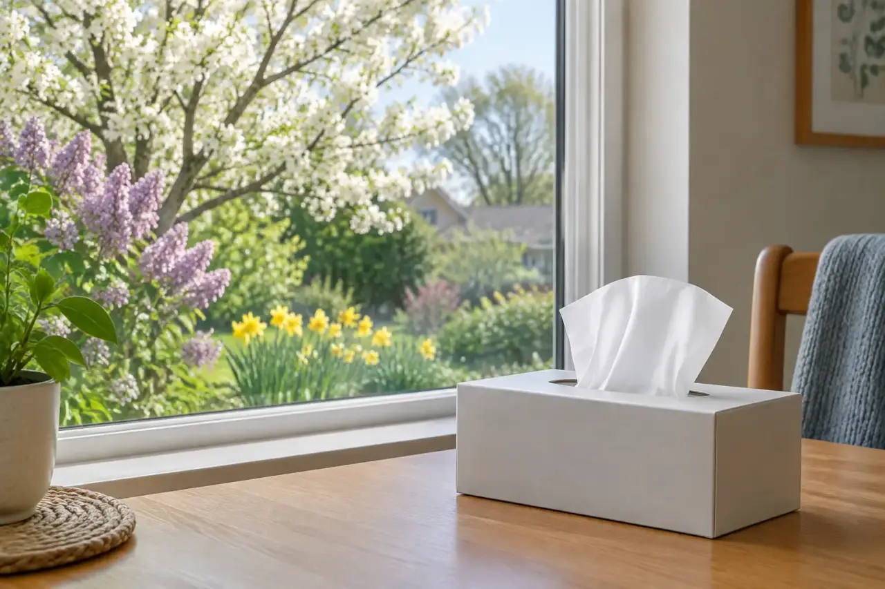 seasonal allergies — Flowering plants outside a home window with a tissue box on a nearby table.