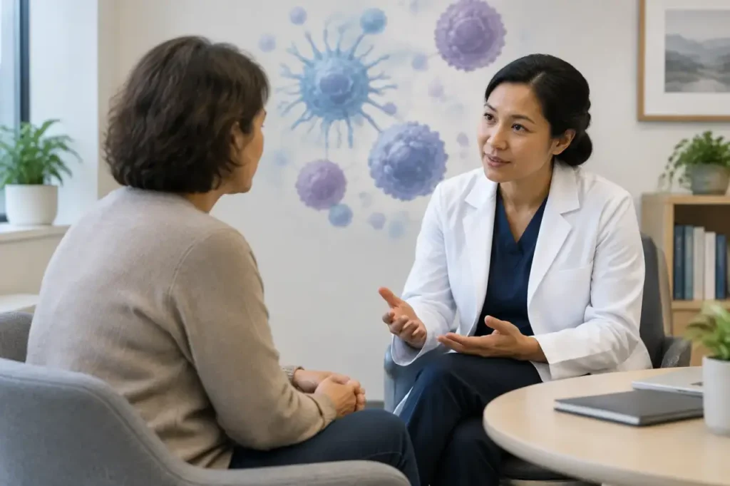 rectal cancer immunotherapy — Illustration of an adult and oncology clinician discussing cancer treatment options.