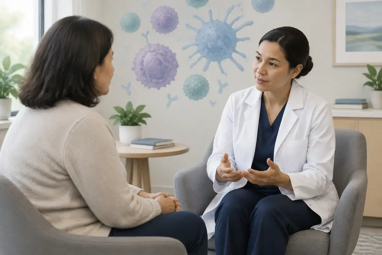 rectal cancer immunotherapy — Illustration of an adult and oncology clinician discussing cancer treatment options.