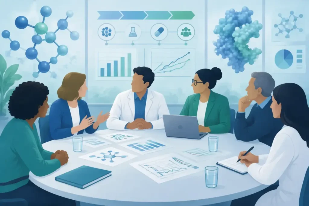 Rare Disease Framework — Illustration of patient advocates and researchers discussing rare disease drug development.