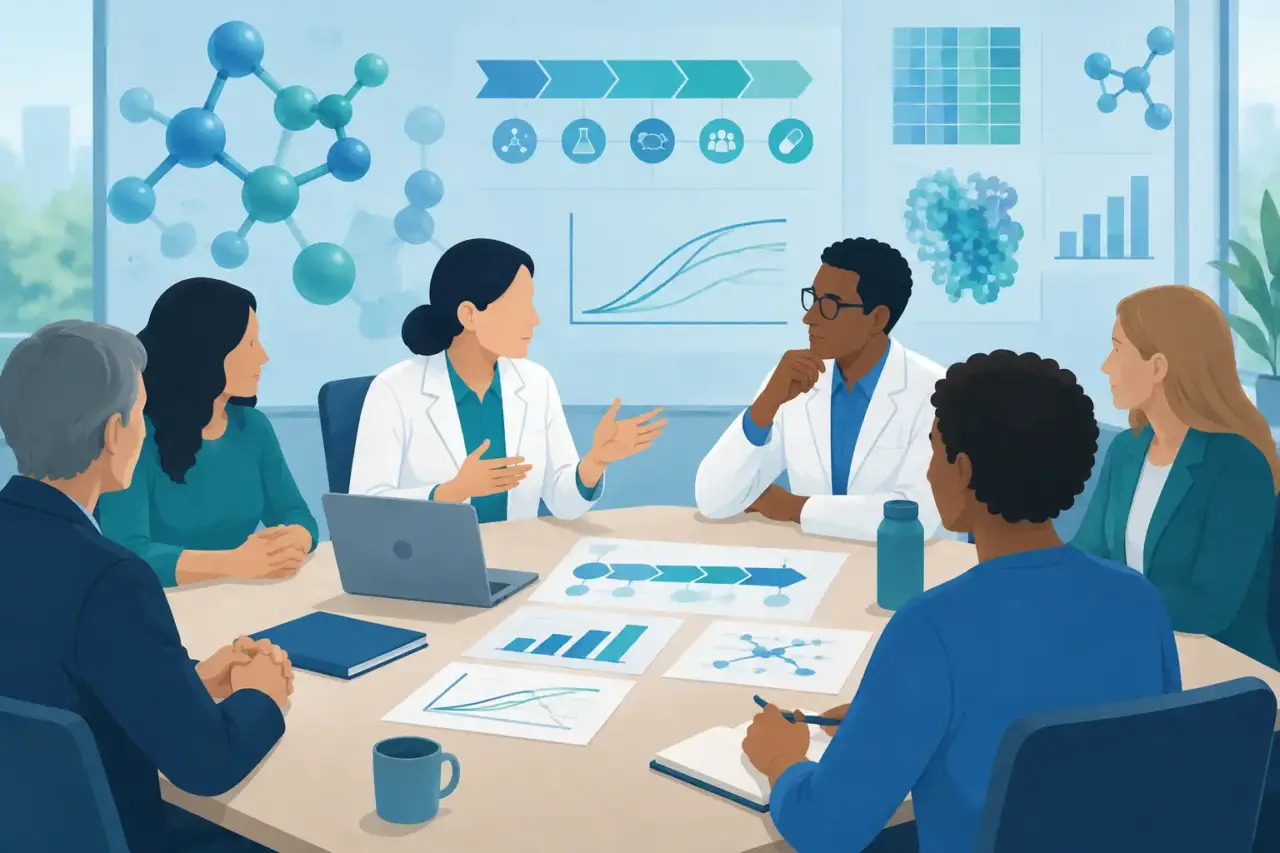 Rare Disease Framework — Illustration of patient advocates and researchers discussing rare disease drug development.