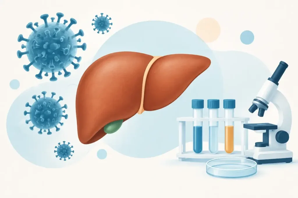 chronic hepatitis B treatment — Illustration of a liver with abstract viral particles and a laboratory testing motif.