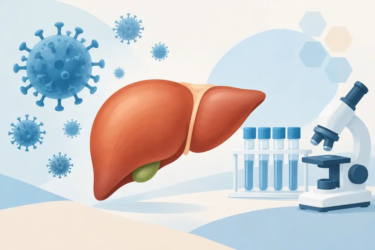chronic hepatitis B treatment — Illustration of a liver with abstract viral particles and a laboratory testing motif.