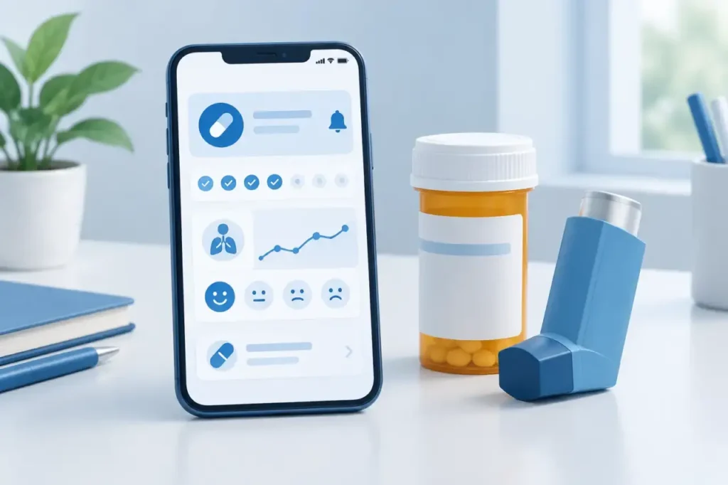 prescription drug apps — Illustration of a smartphone beside a generic medicine container and inhaler.