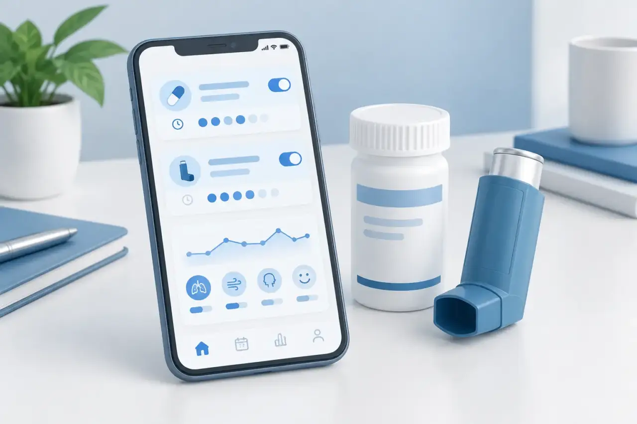 prescription drug apps — Illustration of a smartphone beside a generic medicine container and inhaler.