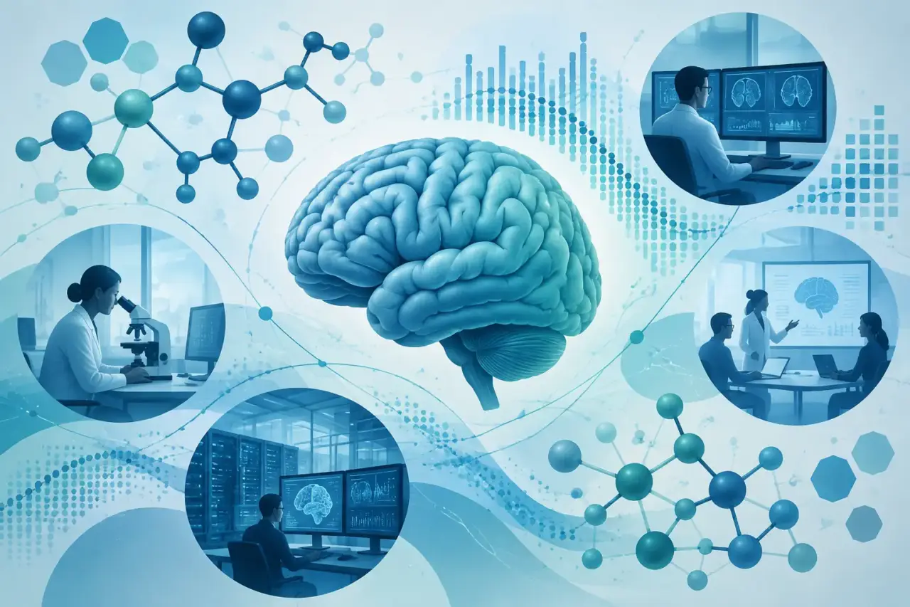 FDA neuroscience program — Illustration of a brain connected to abstract molecular structures and digital research patterns.