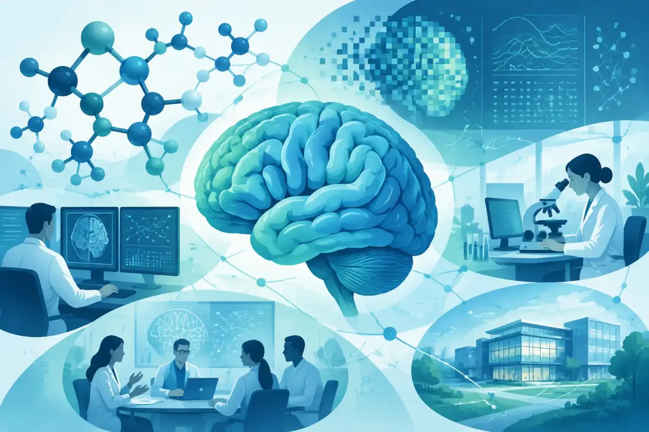 FDA neuroscience program — Illustration of a brain connected to abstract molecular structures and digital research patterns.