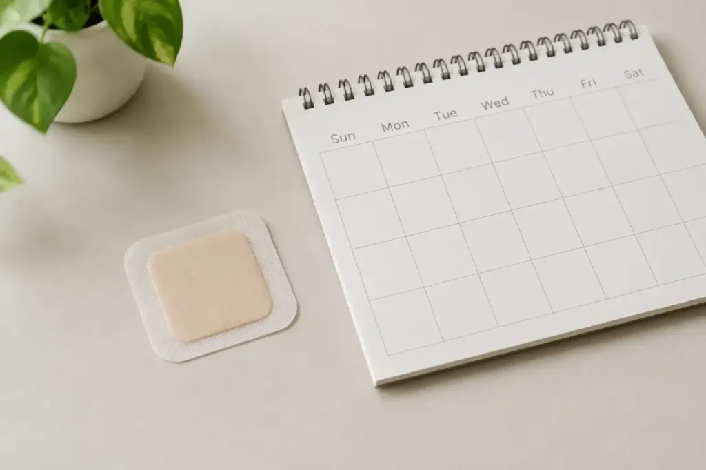 generic hormone therapy patch — Illustration of an unbranded transdermal patch beside a blank weekly calendar.