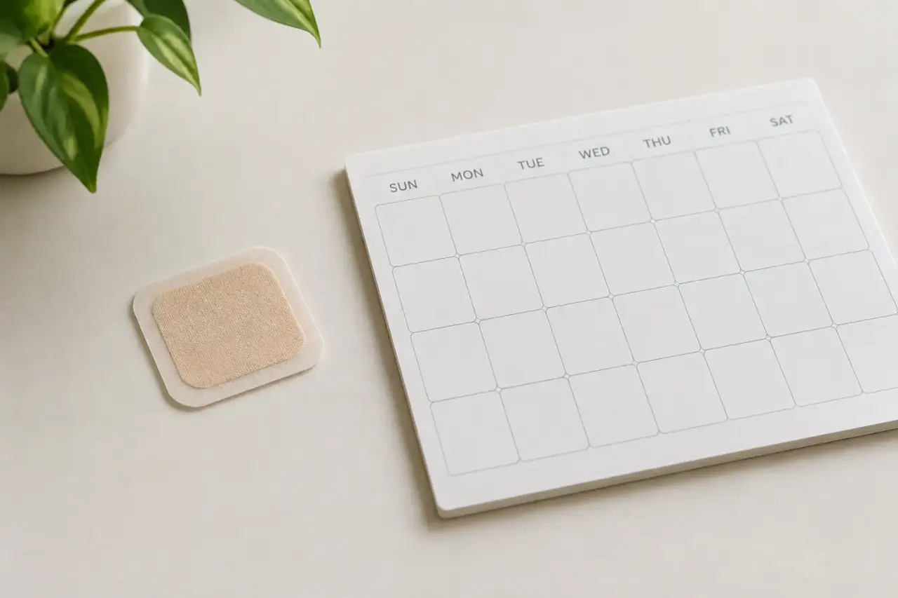 generic hormone therapy patch — Illustration of an unbranded transdermal patch beside a blank weekly calendar.