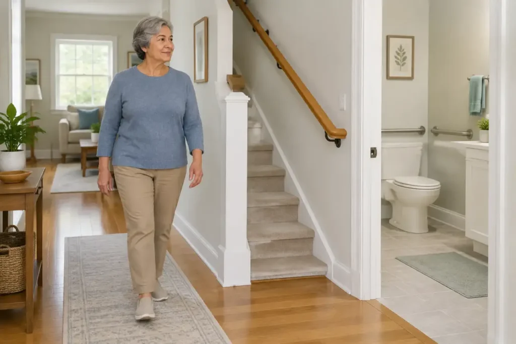 fall prevention for older adults — Illustration of an older adult in a home with clear walkways and support rails.