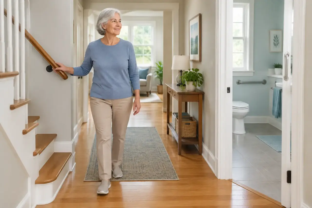 fall prevention for older adults — Illustration of an older adult in a home with clear walkways and support rails.