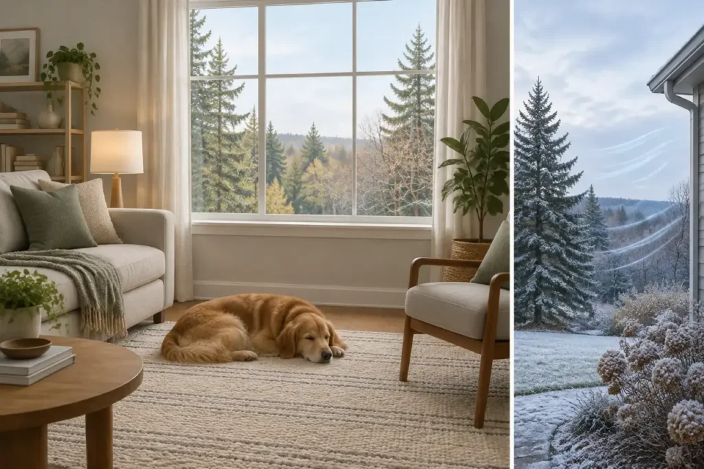 asthma triggers — Illustration of a home with a pet and trees outside, representing possible asthma trigger exposures.