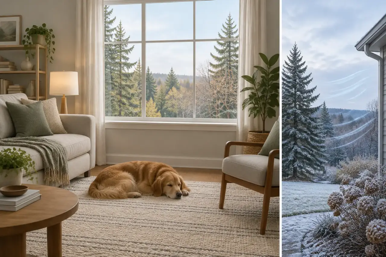 asthma triggers — Illustration of a home with a pet and trees outside, representing possible asthma trigger exposures.