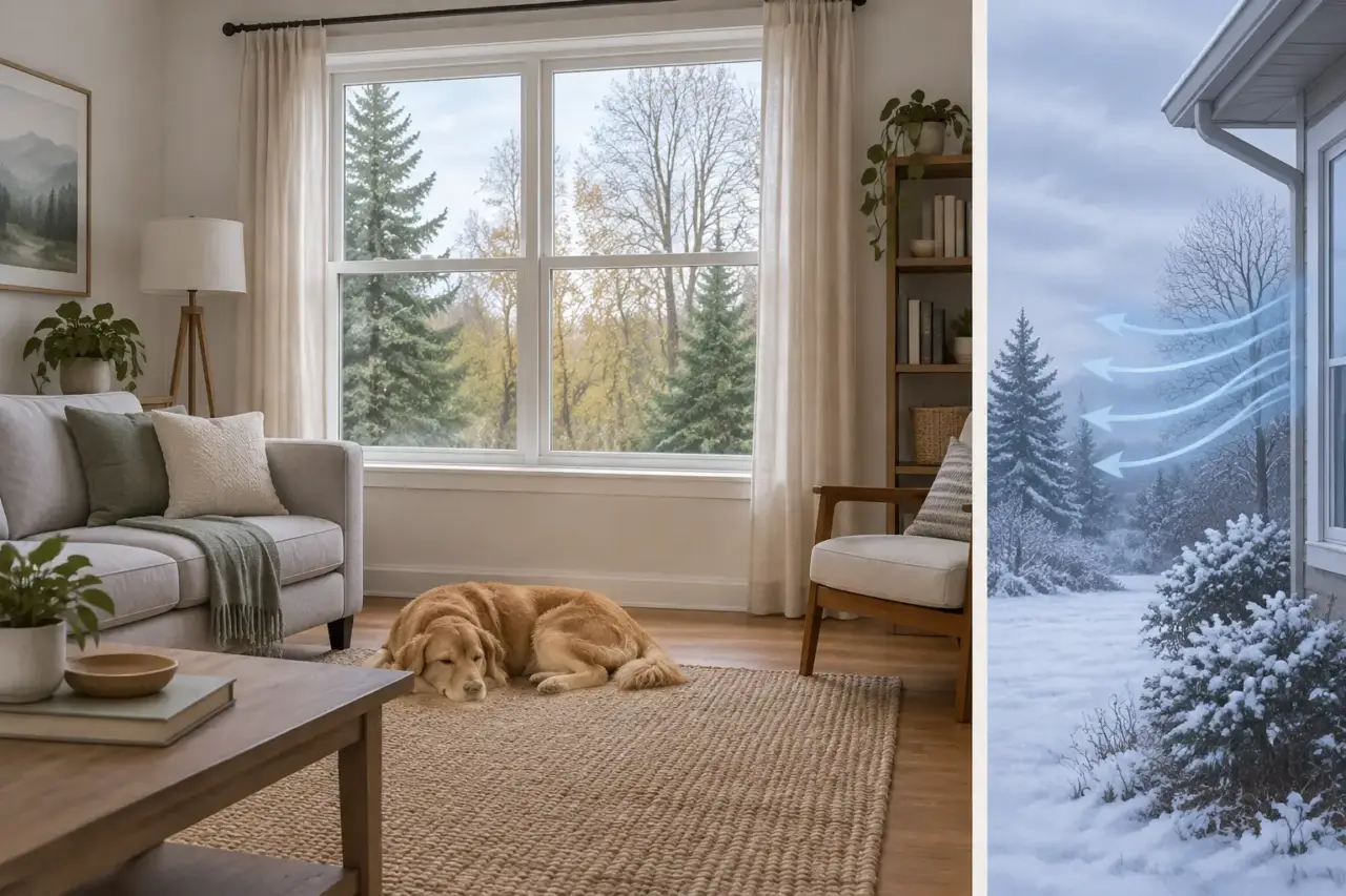 asthma triggers — Illustration of a home with a pet and trees outside, representing possible asthma trigger exposures.