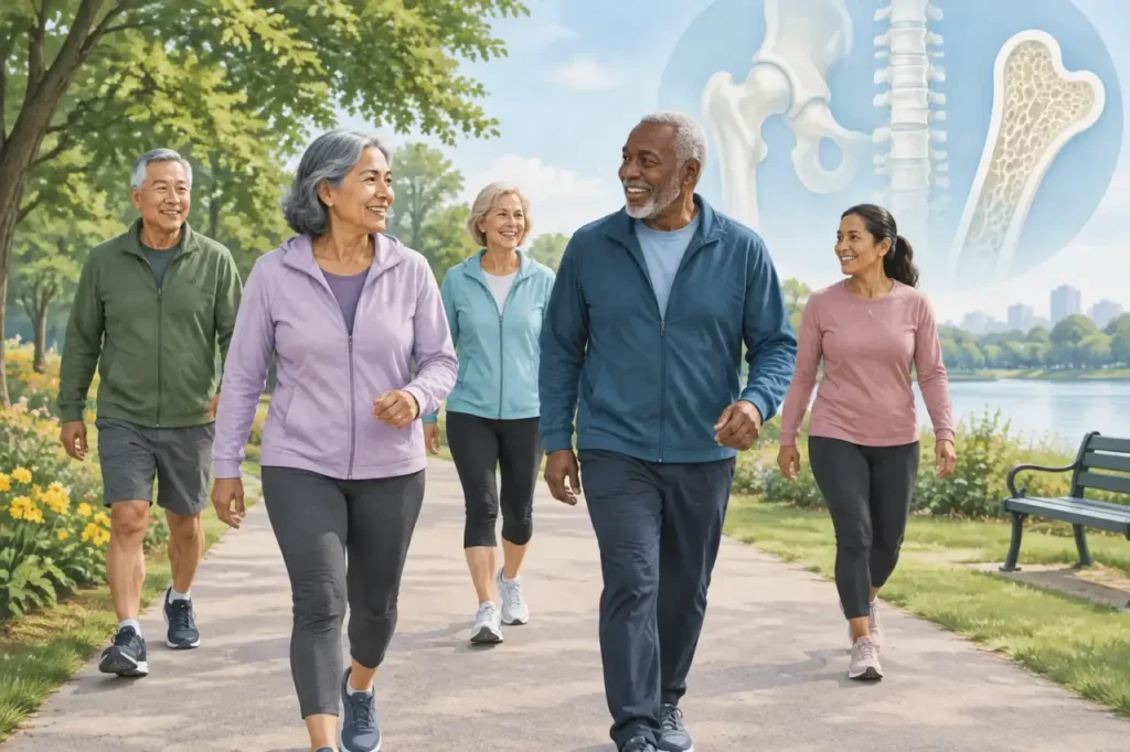 osteoporosis prevention — Illustration of middle-aged and older adults walking outdoors to support bone health.