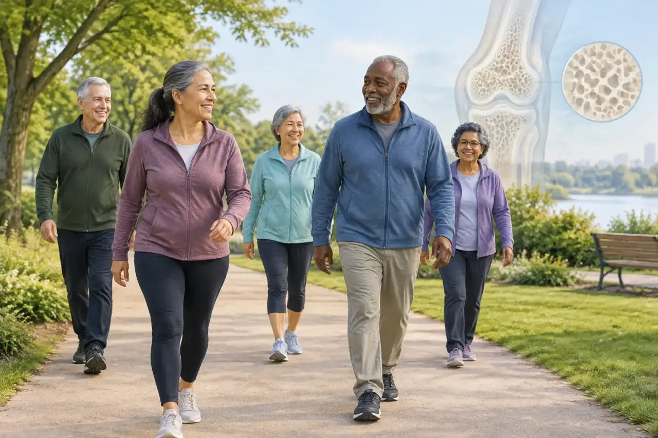 osteoporosis prevention — Illustration of middle-aged and older adults walking outdoors to support bone health.