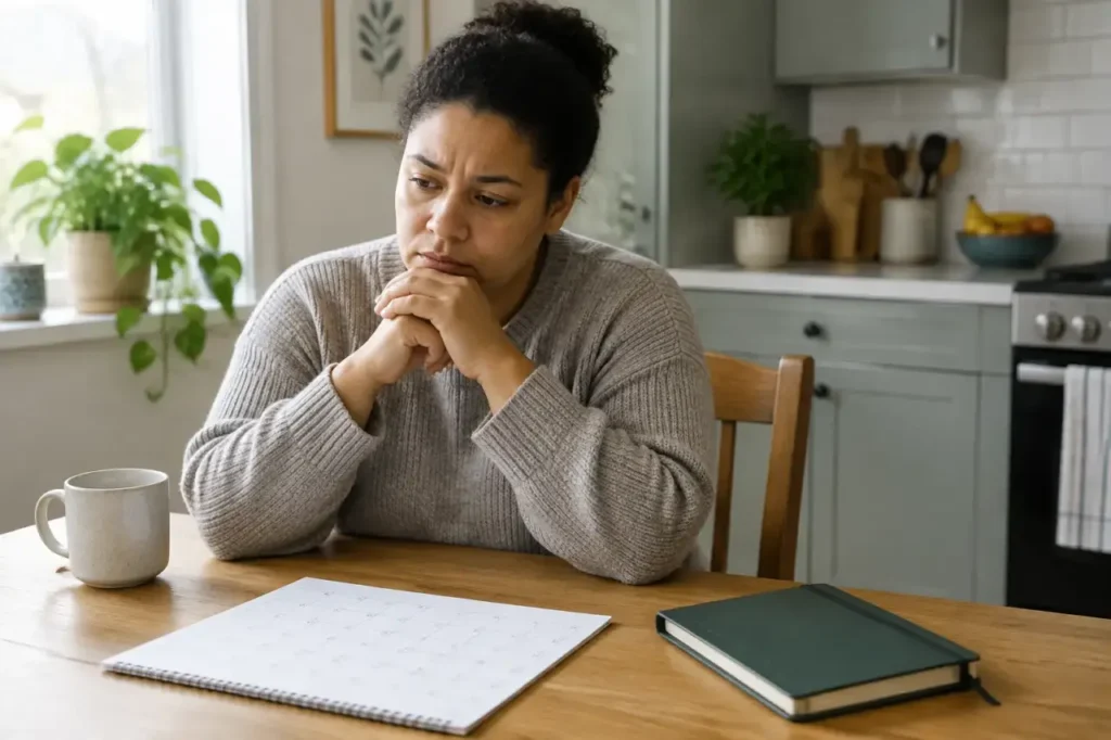 common anxiety symptoms — Illustration of an adult sitting at a kitchen table with hands together.