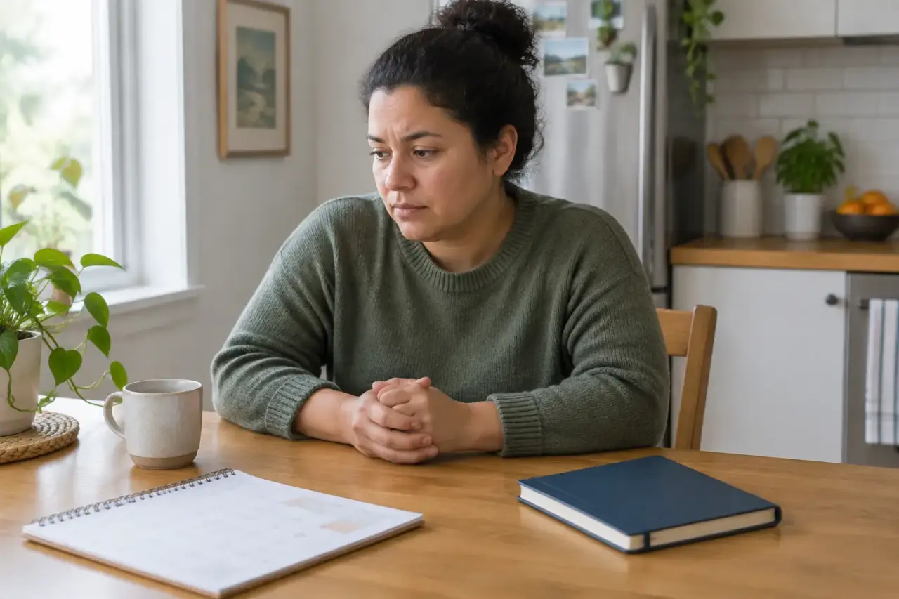 common anxiety symptoms — Illustration of an adult sitting at a kitchen table with hands together.