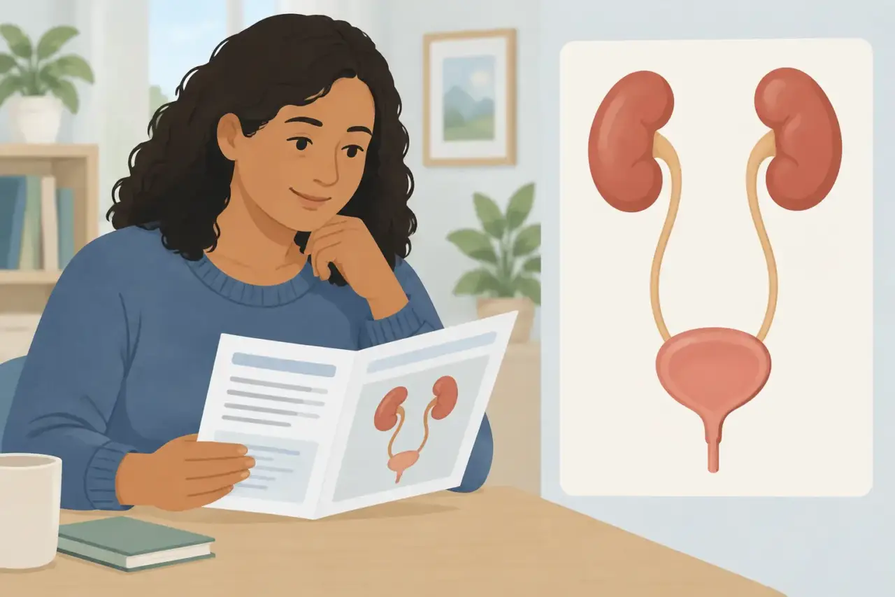 UTI symptoms — Illustration of an adult beside a diagram of the urinary system.