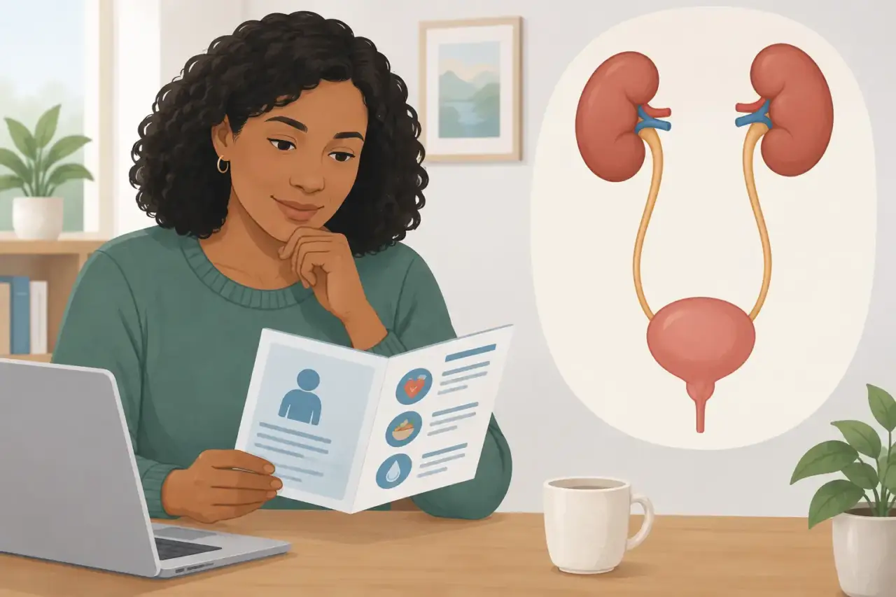 UTI symptoms — Illustration of an adult beside a diagram of the urinary system.